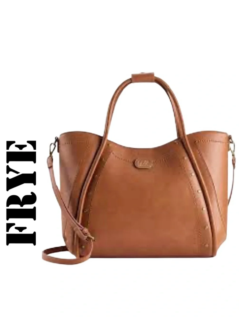 FRYE BLAKE STUDDED STITCHED TOTE SATCHEL BROWN COGNAC